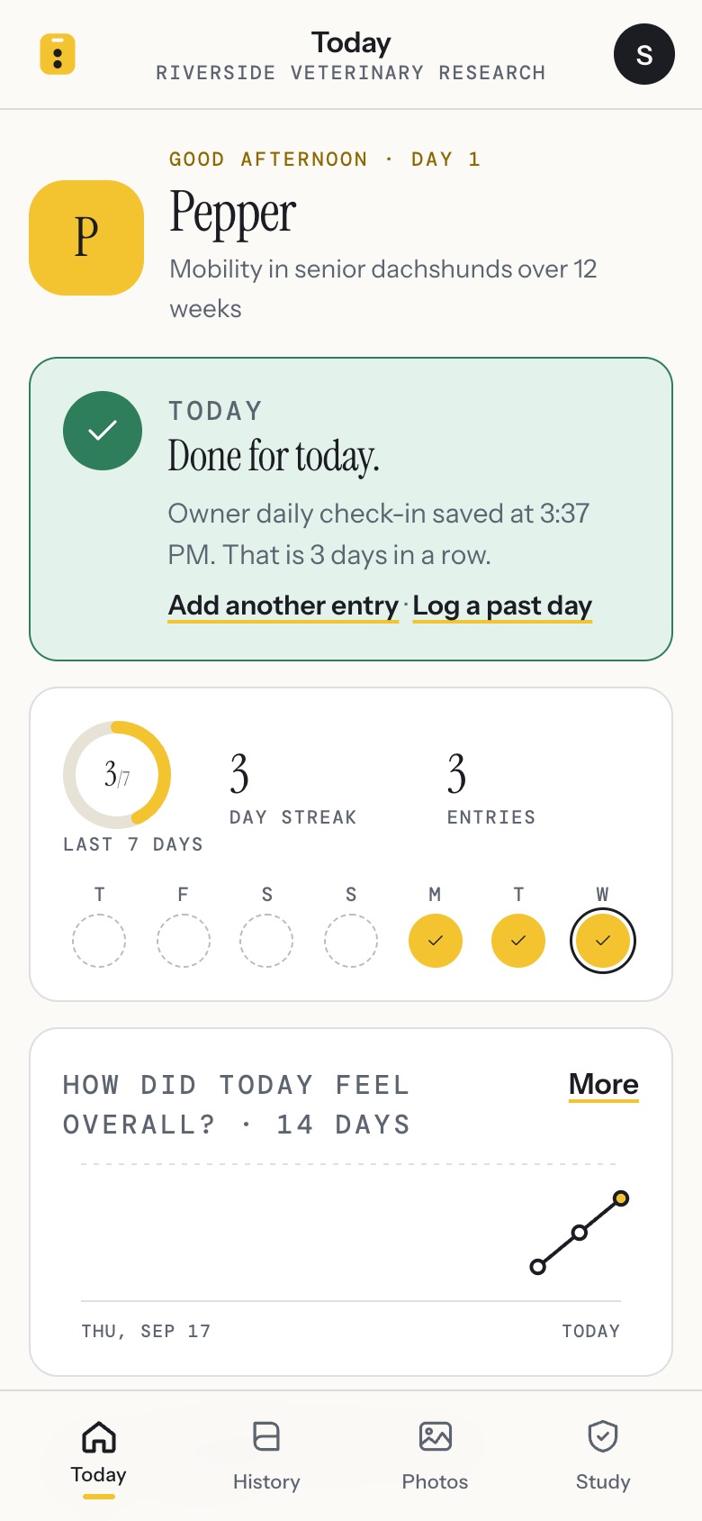 The owner’s eDiary on a phone: today’s check-in done, a seven-day ring, a streak and a trend chart