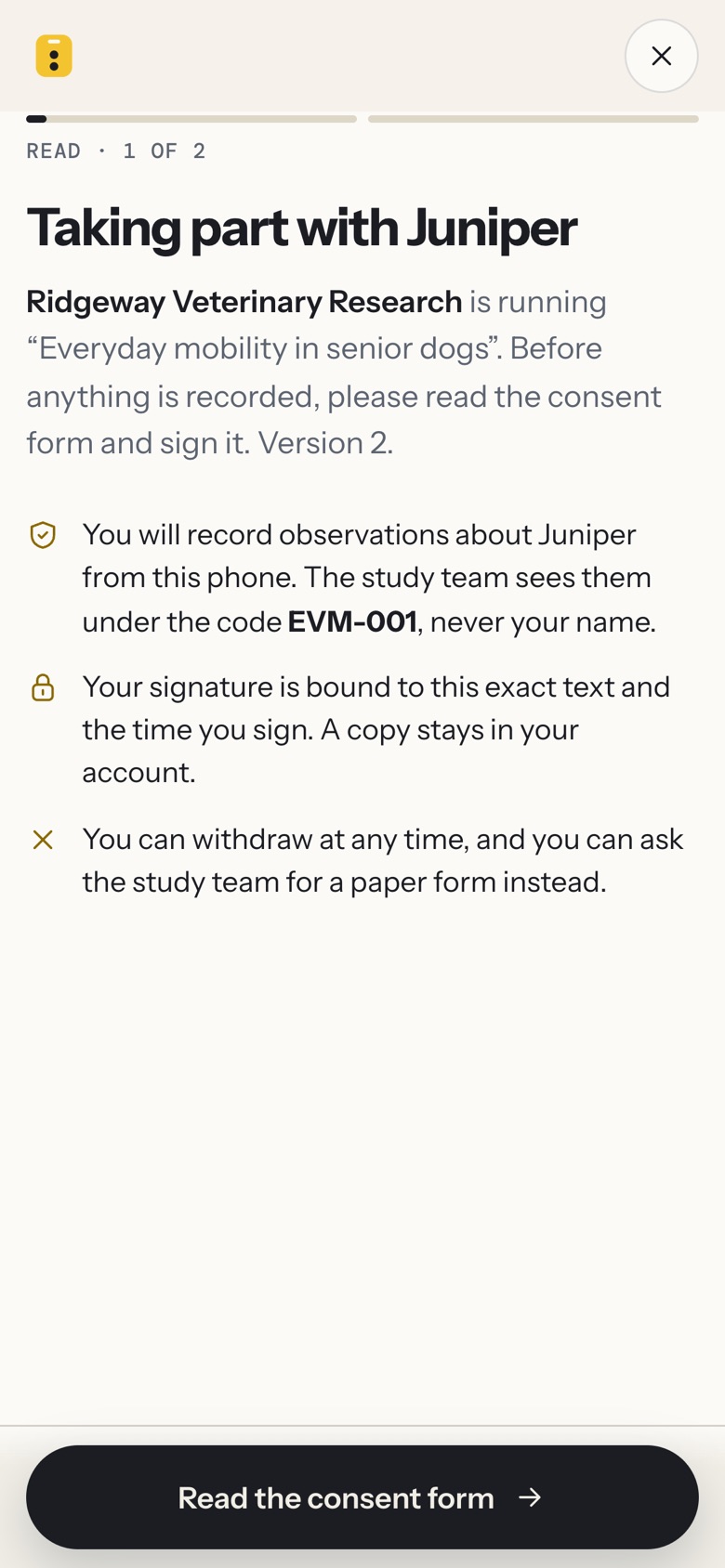 The consent form opening on the phone, in plain sections.