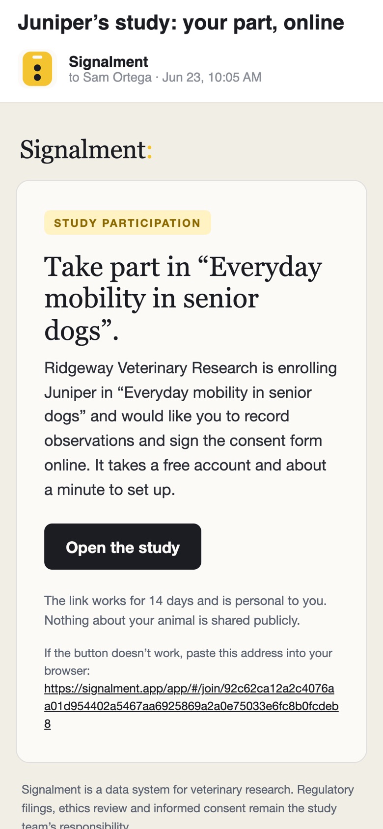 The invitation email from Ridgeway Veterinary Research, with an Open the study button.
