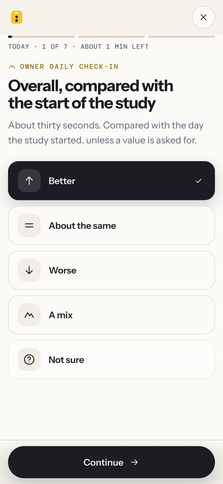 Overall, compared with the start of the study: Better is selected.