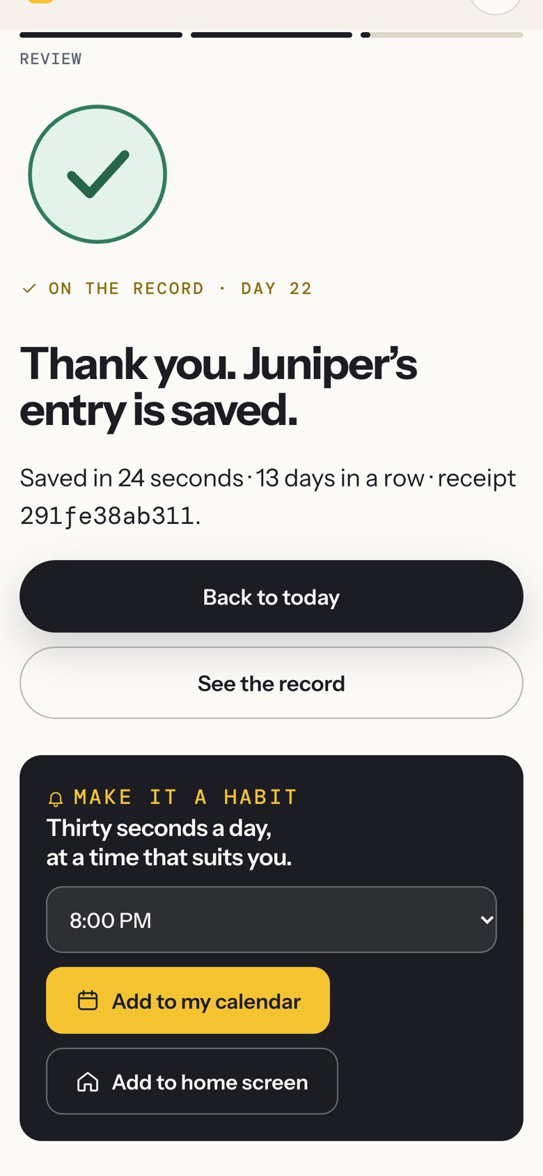 Saved in 24 seconds, 13 days in a row, with a receipt.