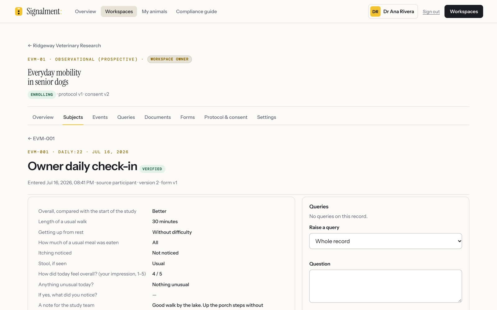 The check-in marked Verified.